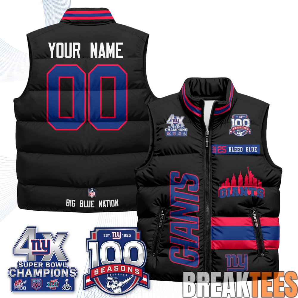 New York Giants 4X Champs S.Bowl Custom Puffer Vest New York Giants 4X Champs S.Bowl Custom Puffer Vest