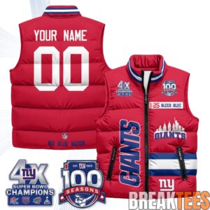 New York Giants 4X Champs S.Bowl Custom Puffer Vest 1 New York Giants 4X Champs S.Bowl Custom Puffer Vest 1