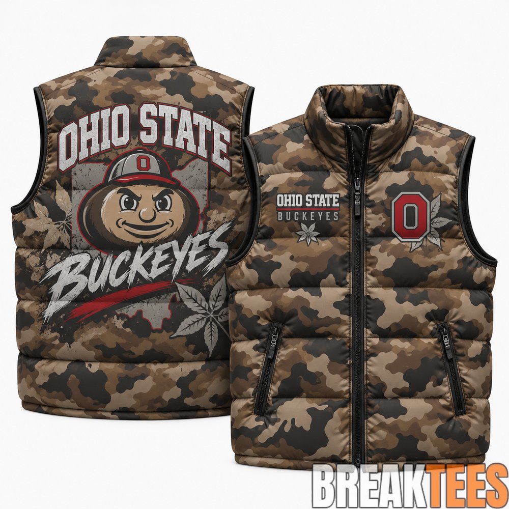 Ohio State Buckeyes 2026 Military Appreciation Camo Puffer Vest Ohio State Buckeyes 2026 Military Appreciation Camo Puffer Vest