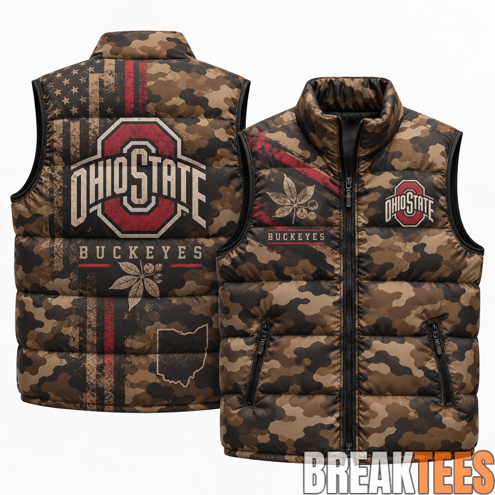 Ohio State Buckeyes 2026 Military Appreciation Camo Puffer Vest Ohio State Buckeyes 2026 Military Appreciation Camo Puffer Vest