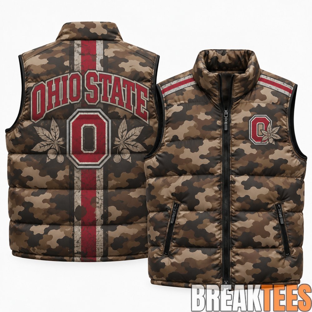 Ohio State Buckeyes 2026 Military Appreciation Camo Puffer Vest Ohio State Buckeyes 2026 Military Appreciation Camo Puffer Vest