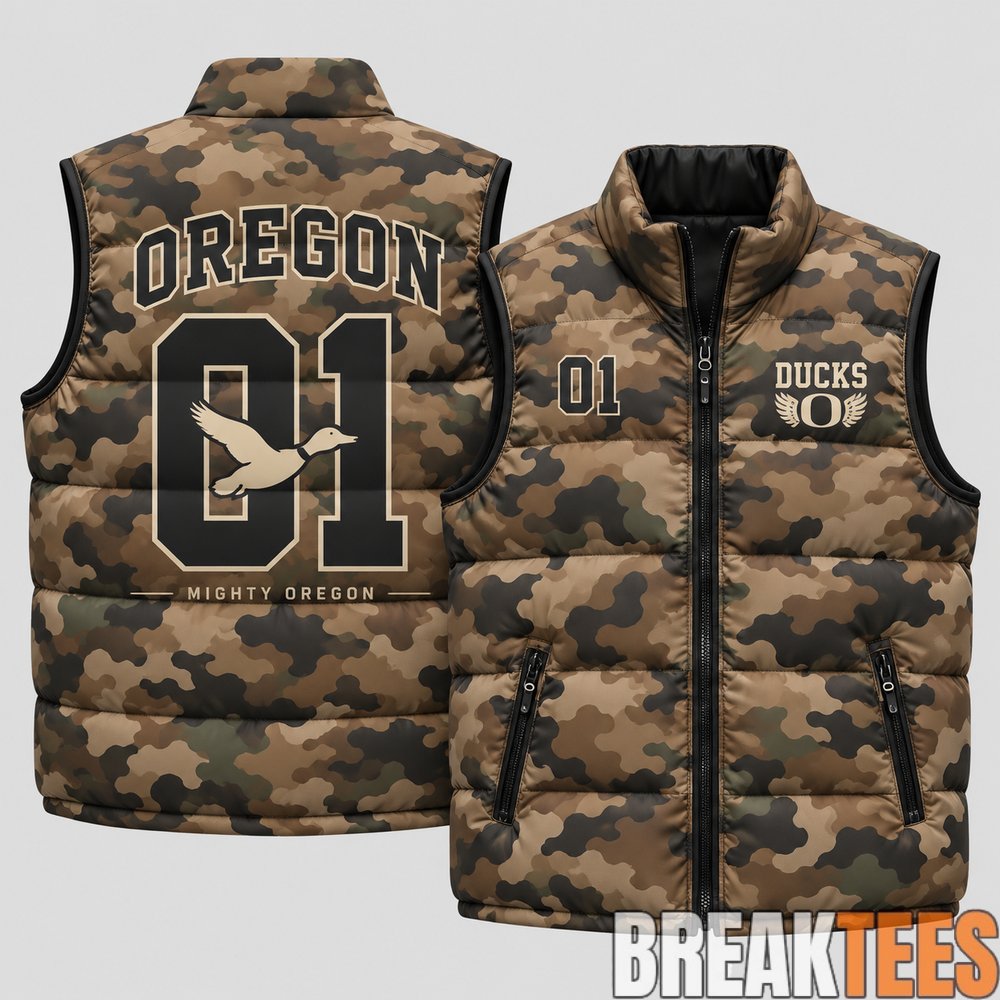 Oregon Ducks 2026 Military Appreciation Camo Puffer Vest Oregon Ducks 2026 Military Appreciation Camo Puffer Vest