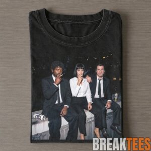 Pulp Fiction Jules Winnfield, Mia Wallace and Vincent Vega Smoking on a Couch T-Shirt