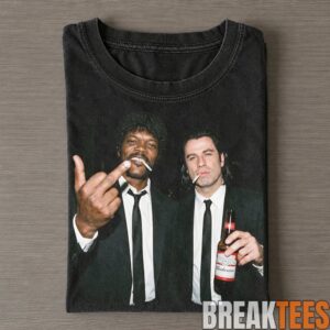 Pulp Fiction Jules Winnfield, Mia Wallace and Vincent Vega Smoking on a Couch T-Shirt 1