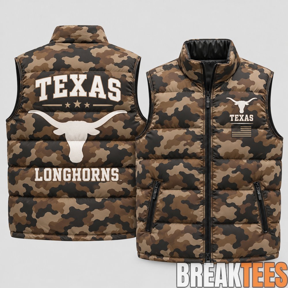 Texas Longhorns 2026 Military Appreciation Camo Puffer Vest Texas Longhorns 2026 Military Appreciation Camo Puffer Vest