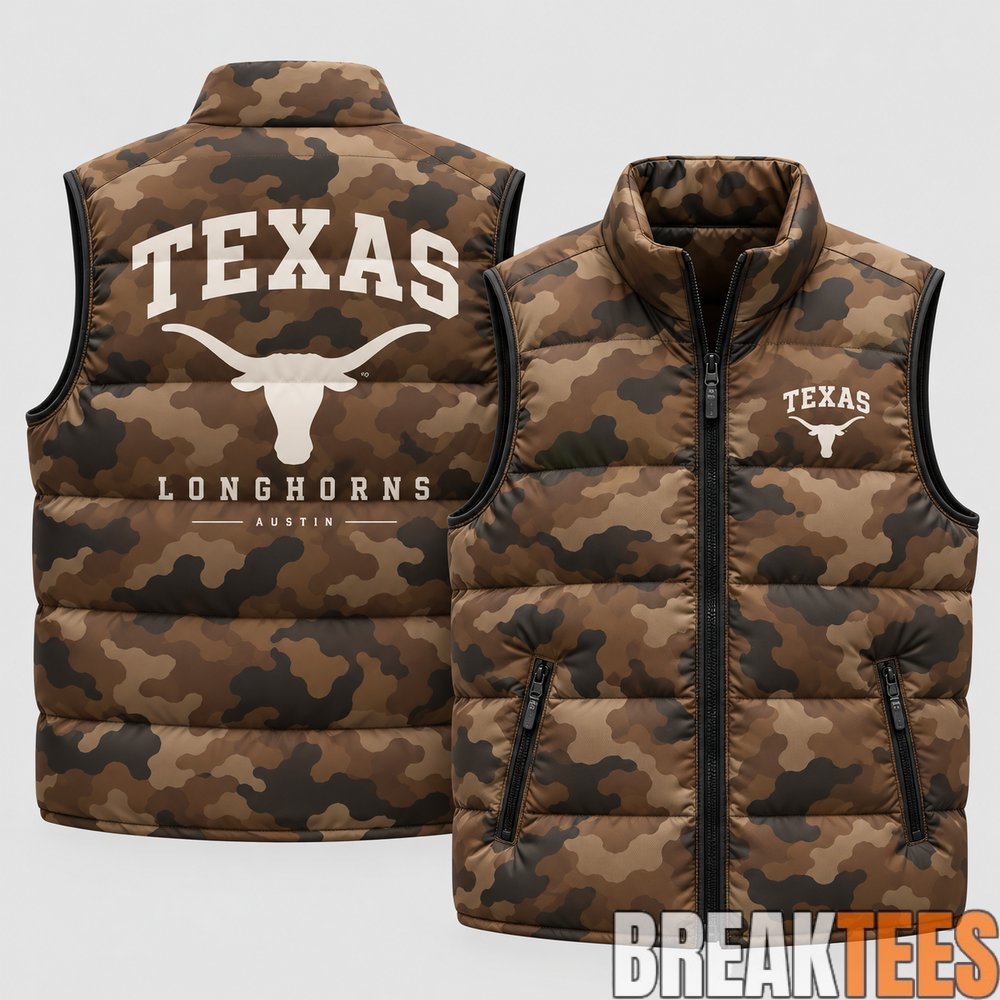 Texas Longhorns 2026 Military Appreciation Camo Puffer Vest Texas Longhorns 2026 Military Appreciation Camo Puffer Vest