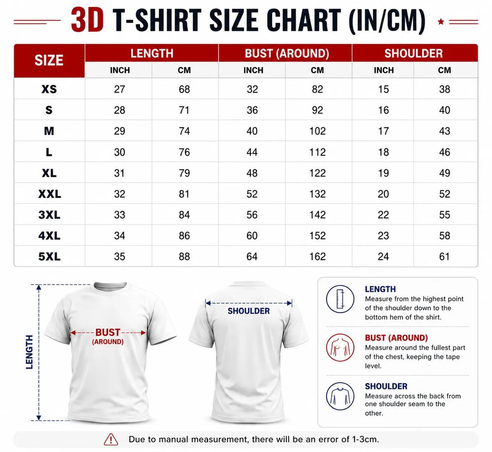 3D T Shirt Size Chart