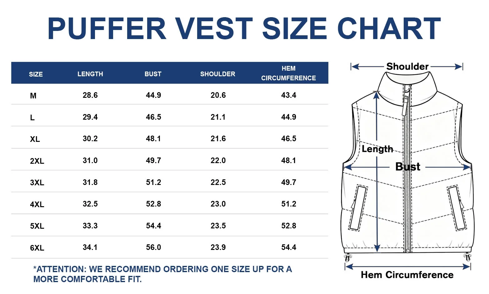 puffer vest size chart